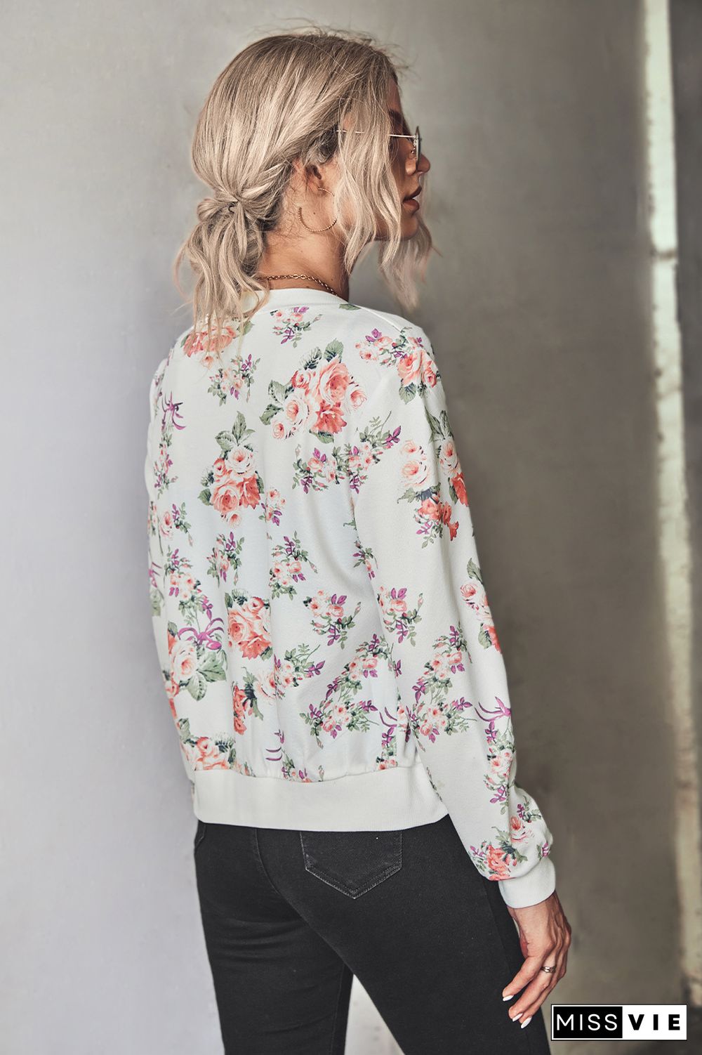 Front Open Zipper Floral Print Jackets