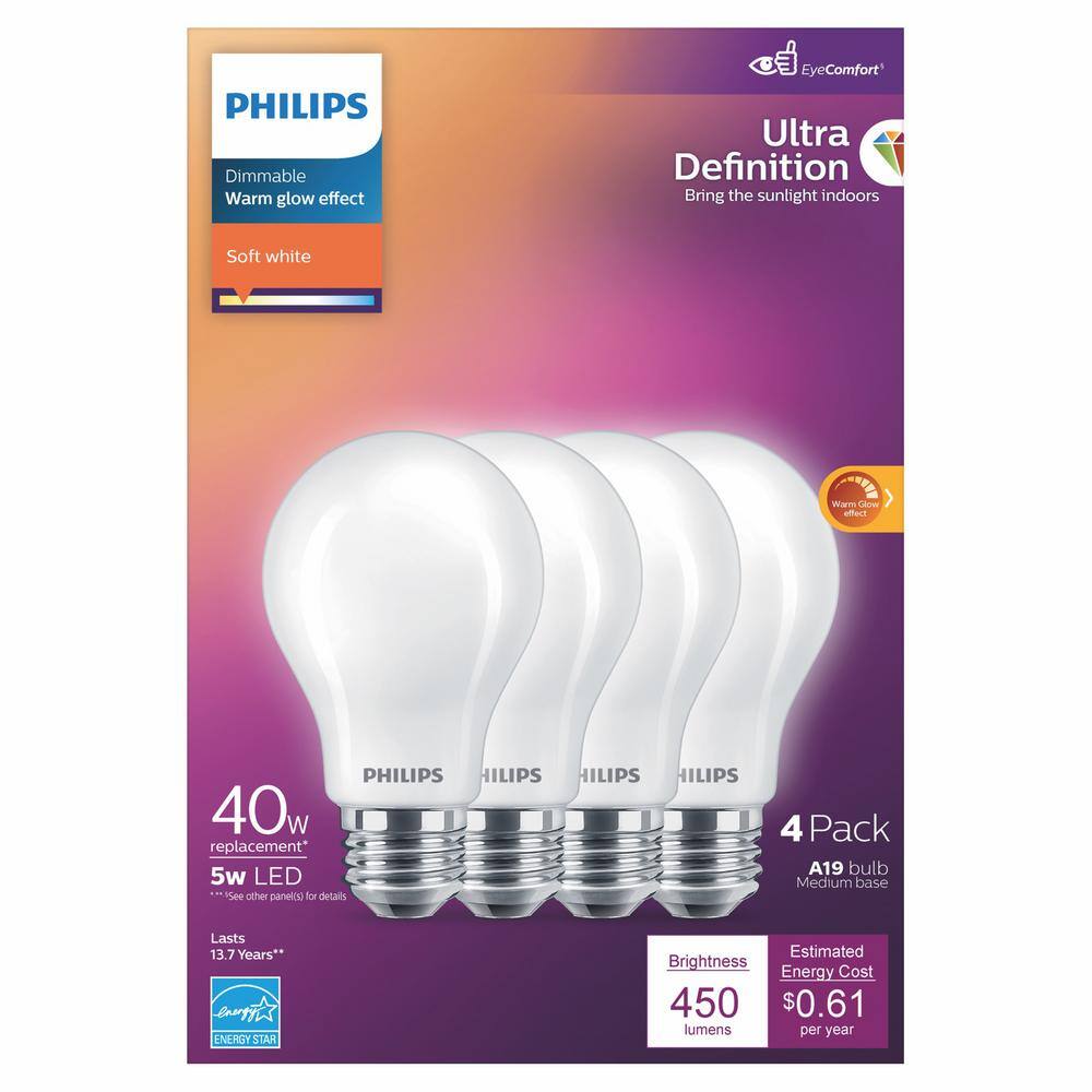 Philips 40-Watt Equivalent A19 Ultra Definition Dimmable E26 LED Light Bulb Soft White with Warm Glow 2700K (4-Pack) 576090