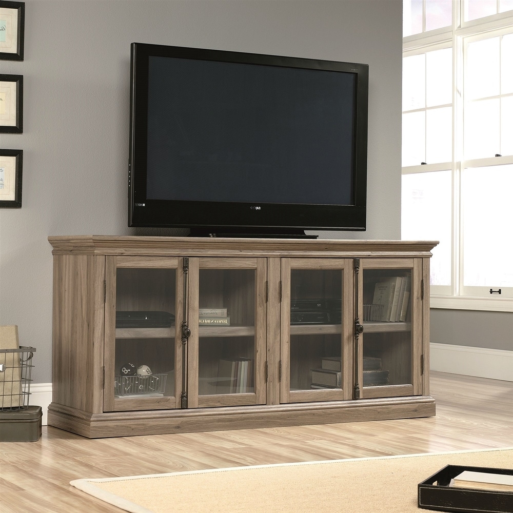 Salt Oak Wood Finish TV Stand with Tempered Glass Doors   Fits up to 80 inch TV   32.5\