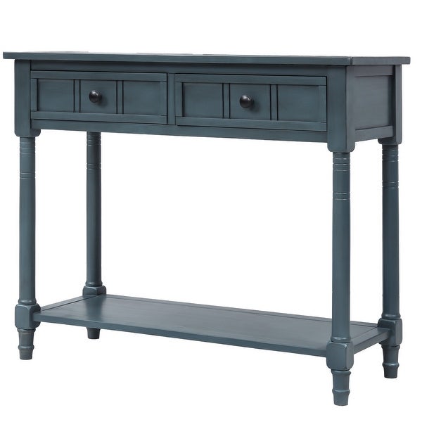 Console Table with 2 Drawers and Bottom Shelf Acacia Mangiu， Navy