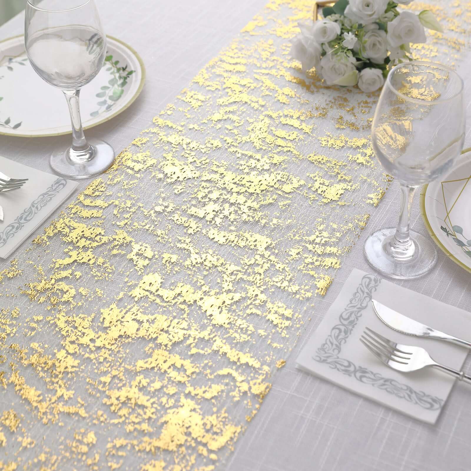 Sparkly Metallic Gold Foil Thin Mesh Polyester Table Runner 25GSM 108