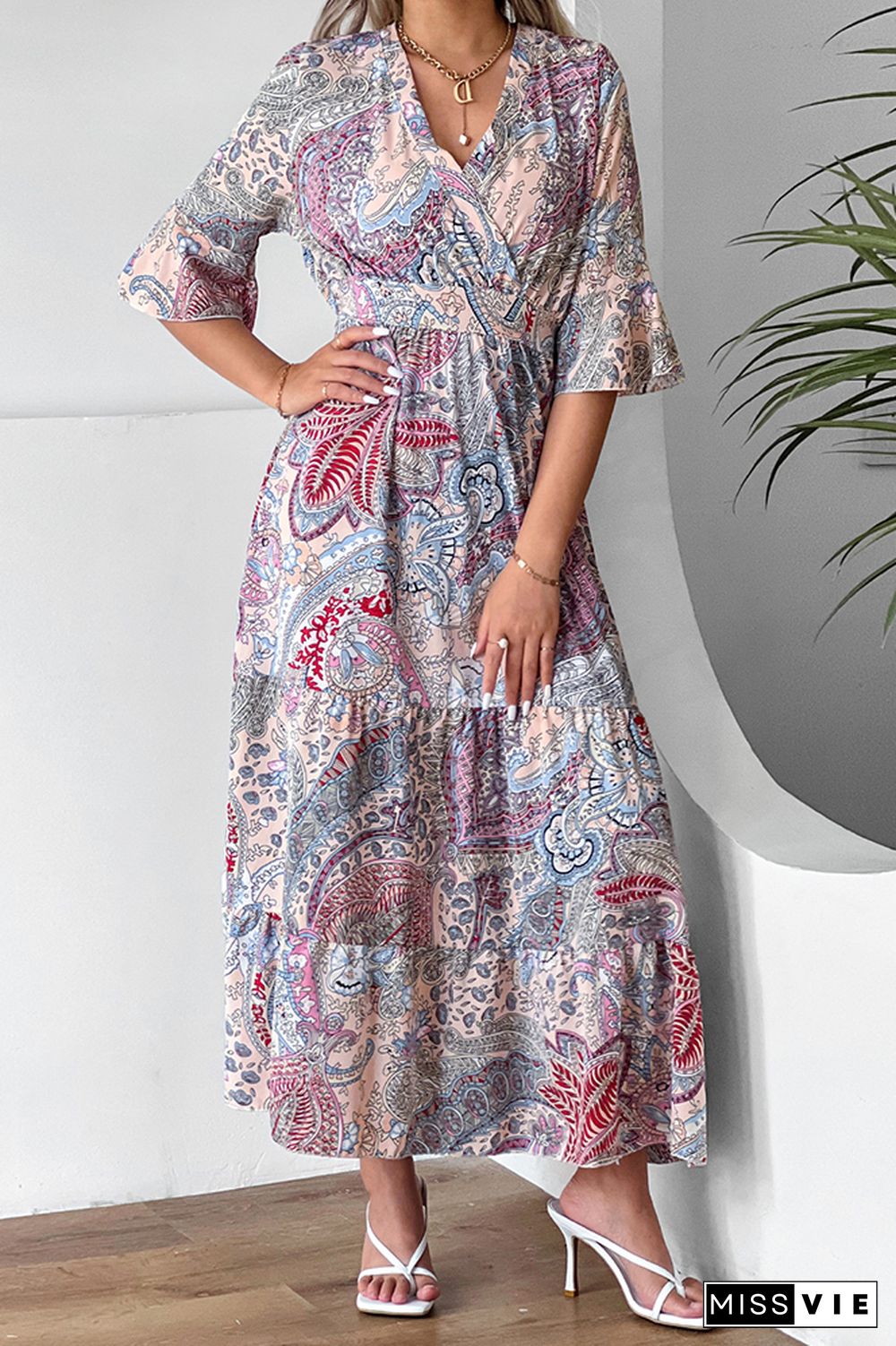 Paisley Floral Print Flare Sleeves Maxi Dress Wholesale