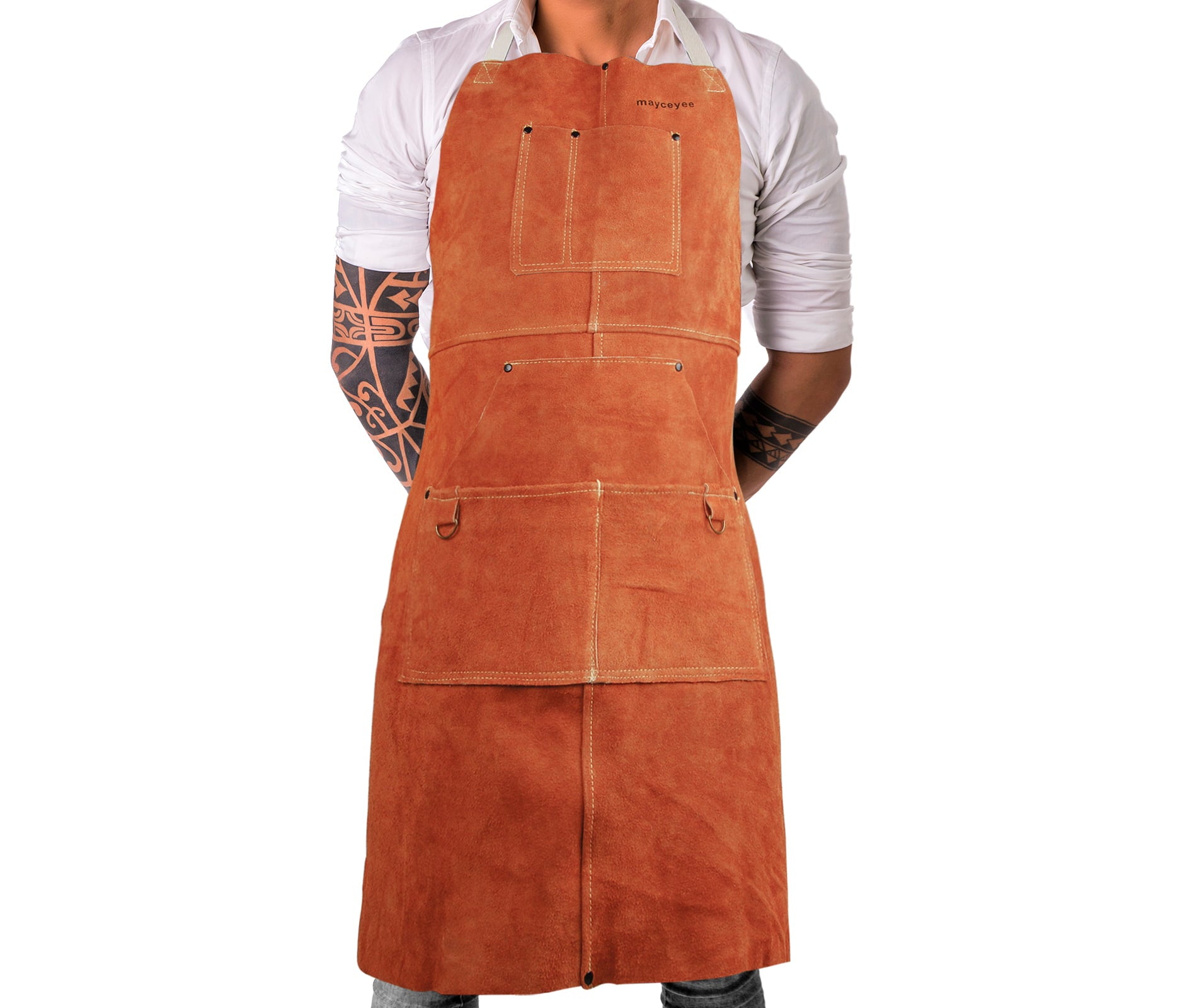 mayceyee Leather Welding Work Apron With 6 Tool Packets- Heat Resistant & Flame Resistant Apron,36"×24",Adjustable M to XXXL