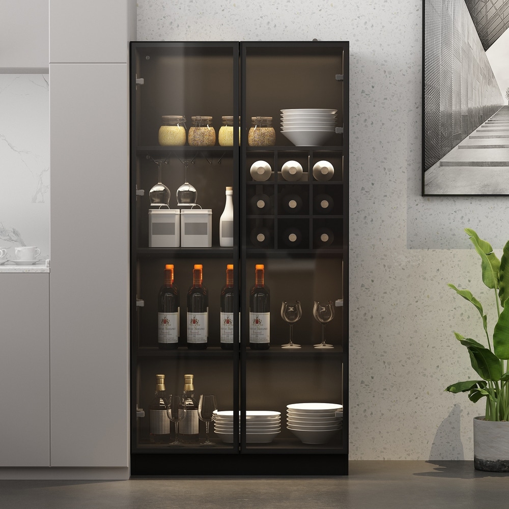 Glass Display Cabinet with 3 Lighting Options and Wine Storage Buffet   31.5\