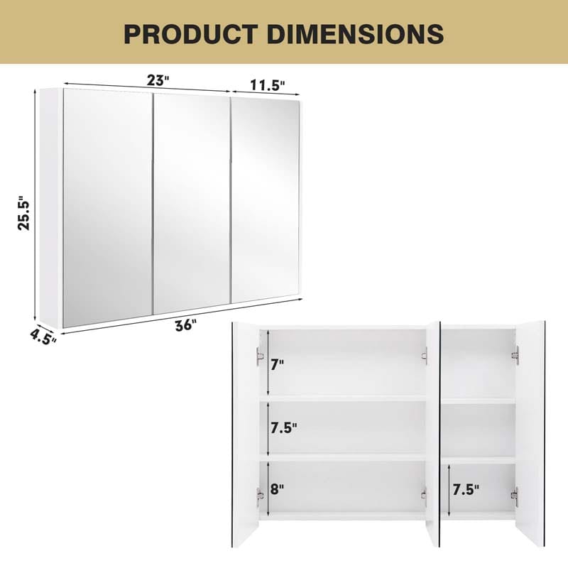 Large Mirrored Medicine Cabinet with 3 Mirror Doors, Bathroom Wall Mounted Storage Cabinet w/Adjustable Shelf