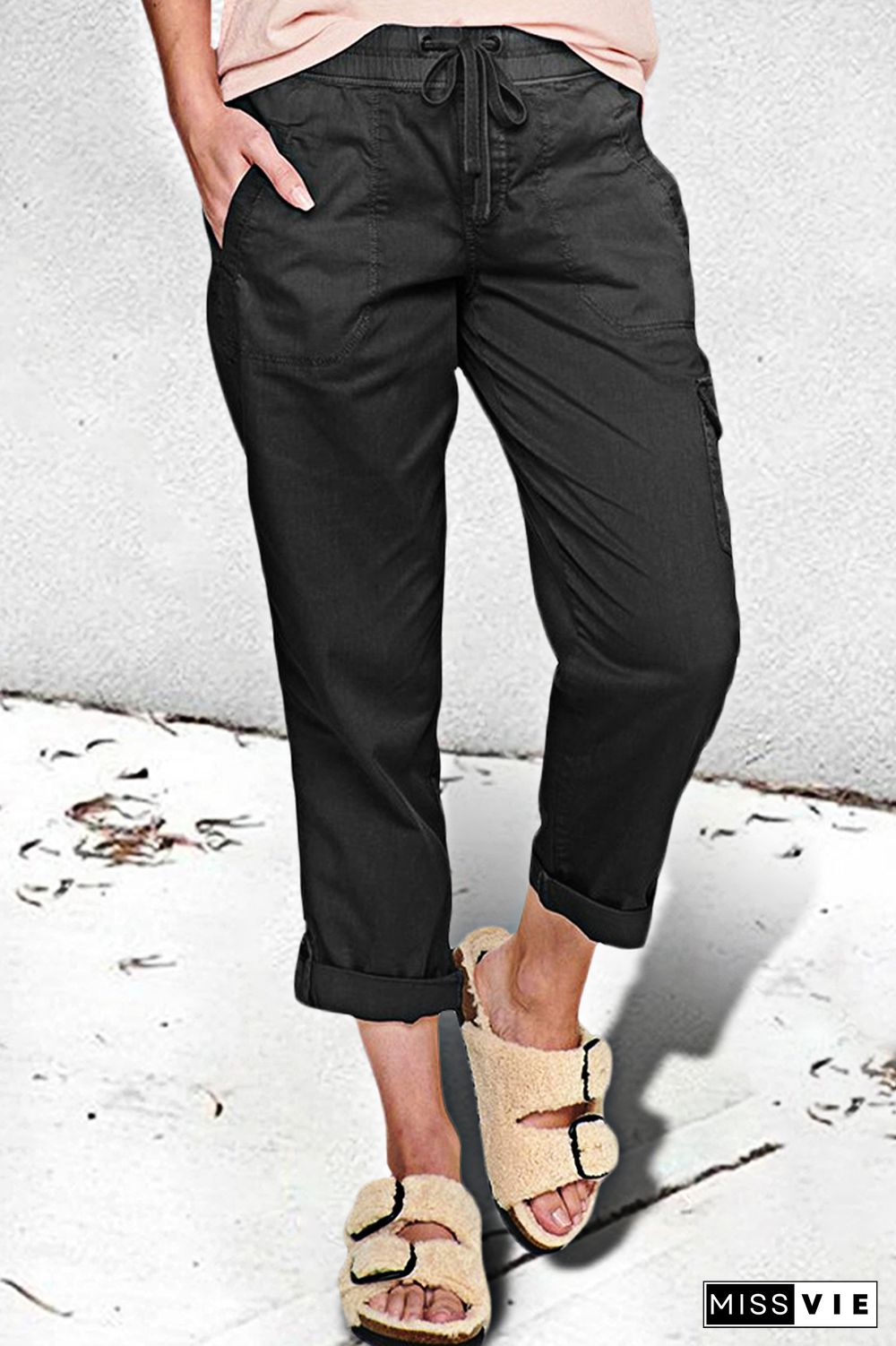 Solid Drawstring Roll Hem Flap Pocket Pants