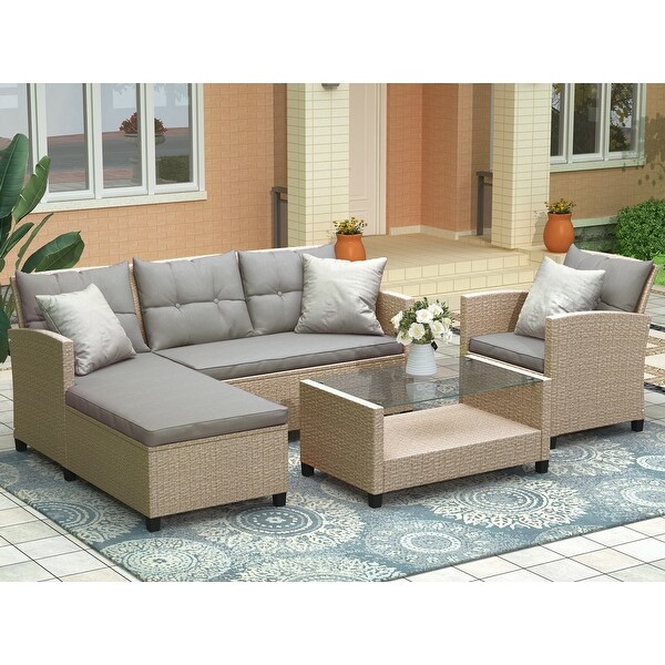 4Piece Classic Conversation Set，Wicker Rattan Patio Sofa with Cushions