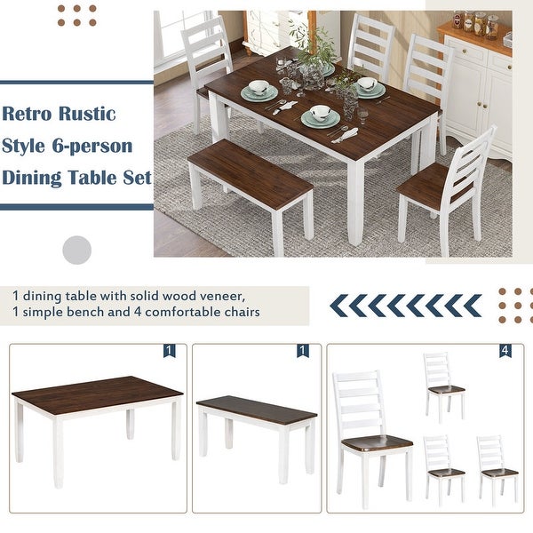 6-piece dining table with bench， kitchen with wooden table， walnut + white cottage