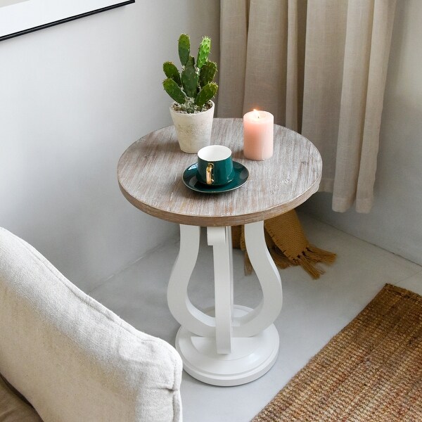 Farmhouse Round End Table， Rustic Wood Side Table for Living Room/Bedroom， White/Natural