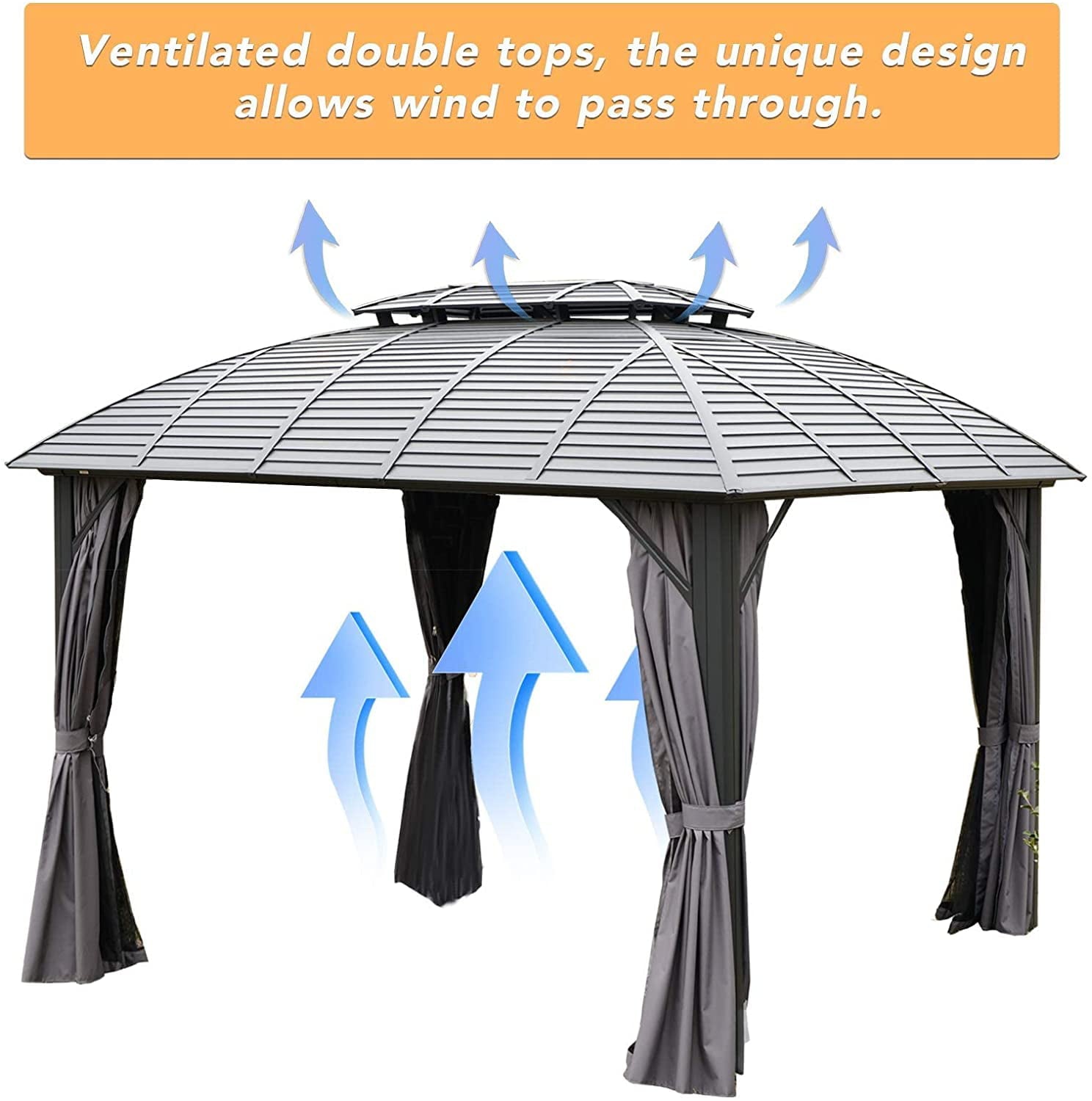 Domi Outdoor Living 10' x 12' Hardtop Gazebo Outdoor Aluminum Gazebo Arc Grill for Patios Deck Backyard,Galvanized Steel Double Roof,Curtain&Netting