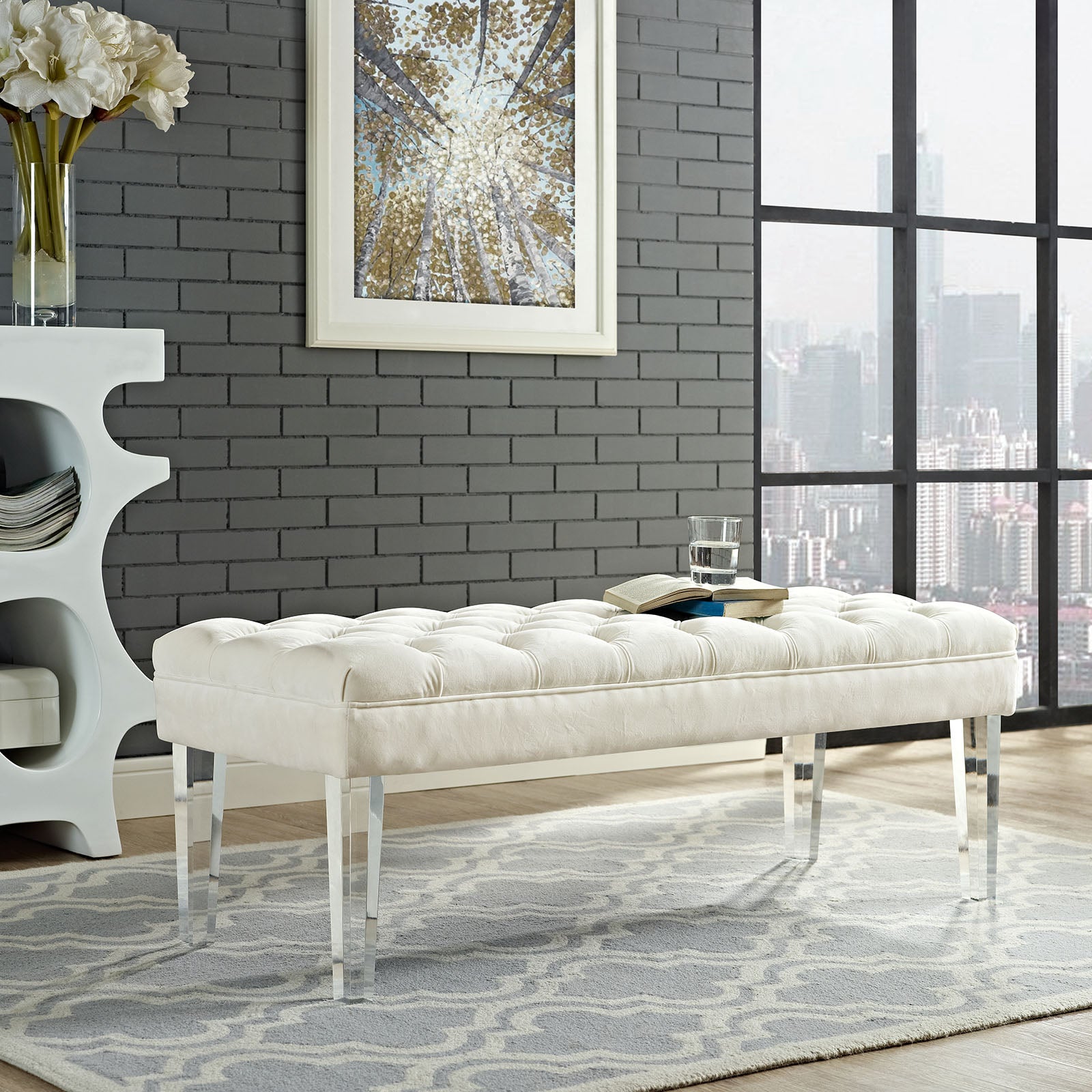 Modern Contemporary Urban Design Bedroom Living Room Bench, White Ivory, Fabric Velvet