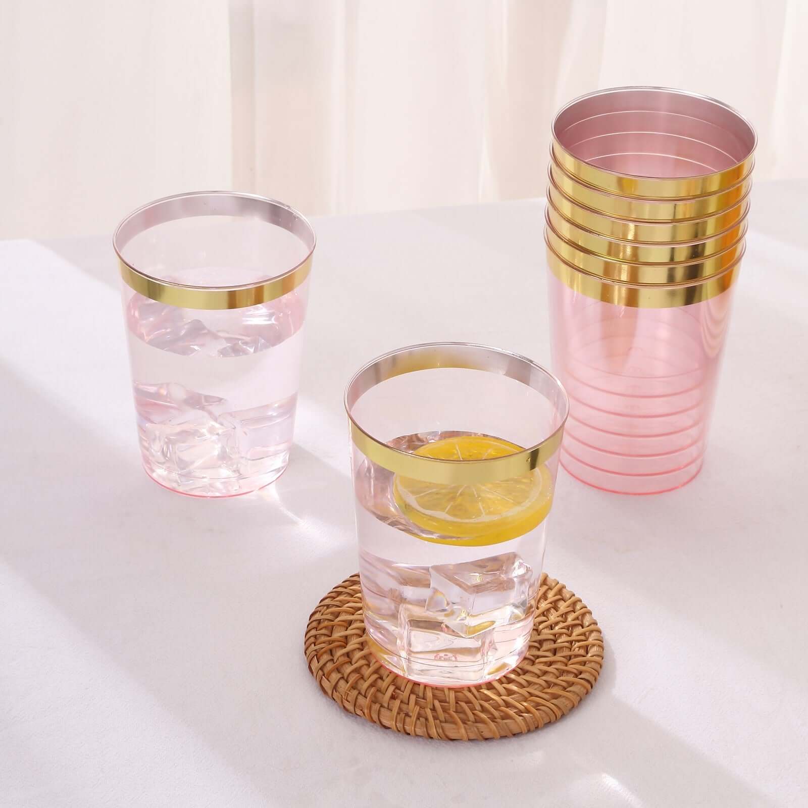 25 Pack Transparent Blush Crystal Plastic Tumbler Drink Glasses With Gold Rim, Disposable Party Cups 10oz