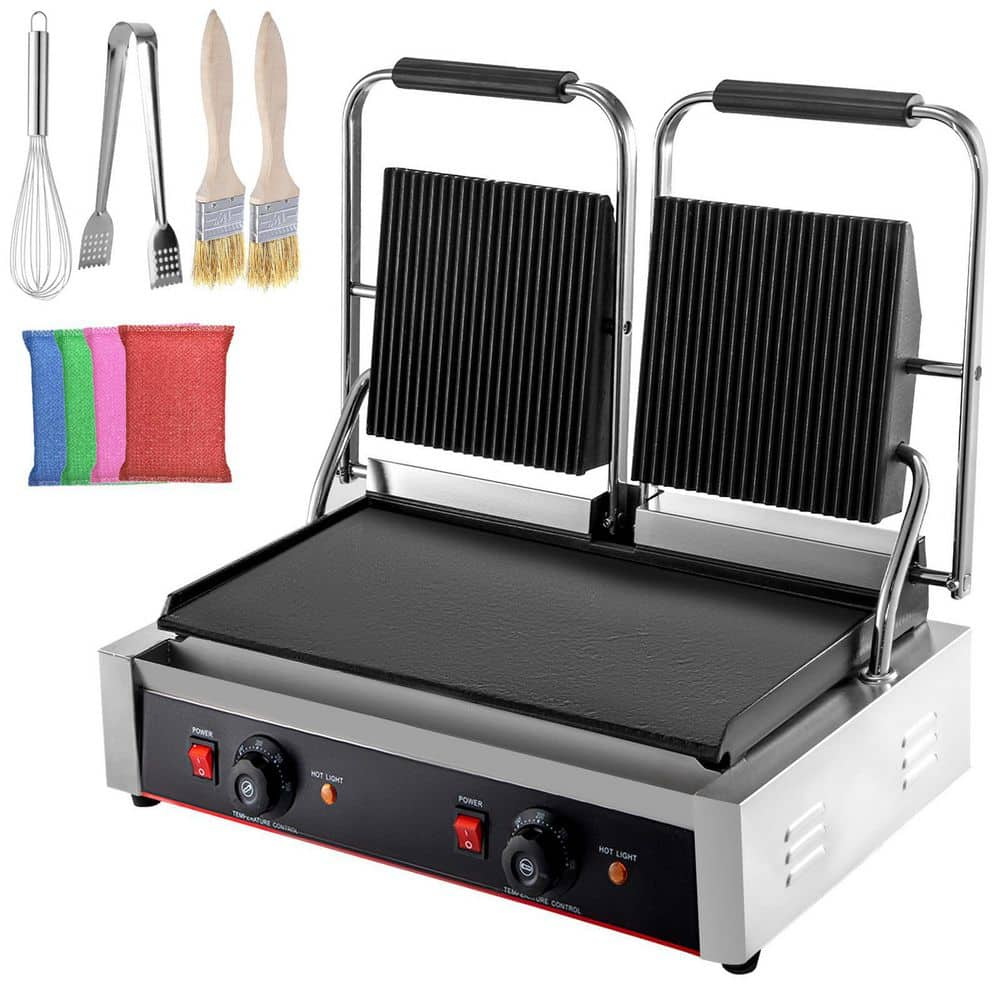 VEVOR Commercial Sandwich Panini Press Grill 2X1800W Temperature Control Non Stick Surface Commercial Panini Grill, Silver DPLDYBPLLD-813A01V1