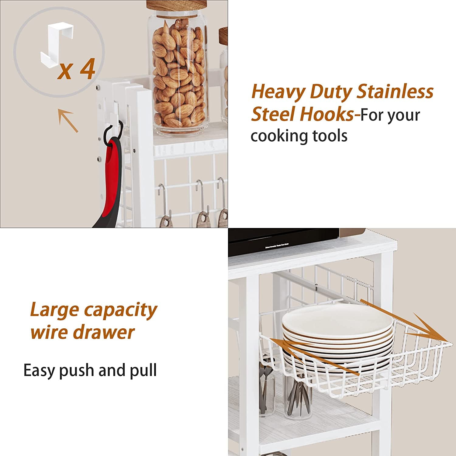 IRONCK Bakers Rack with Power Outlets， Microwave Stand  Kitchen Shelf with Cabinet for Kitchen， Industrial White，Wood and Metal