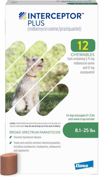 Interceptor Plus Chew for Dogs， 8.1-25 lbs， (Green Box)