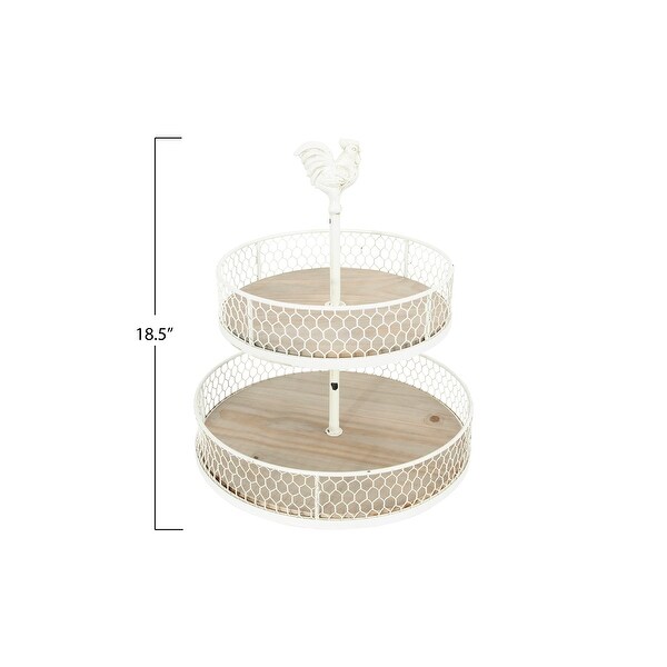 2-Tier Wood and Metal Round Trays with Rooster Top