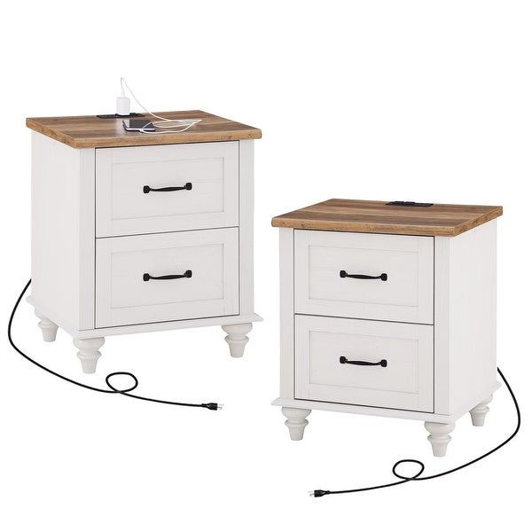 Mid Century End Table Nightstand with Drawer and Charging Station， White