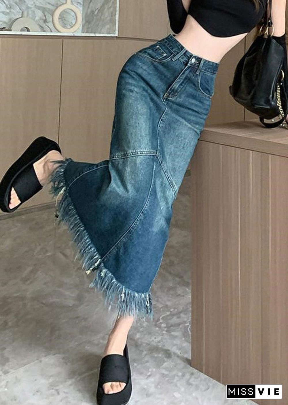 Women Navy High Waist Patchwork Tassel Denim Maxi Skirts Summer