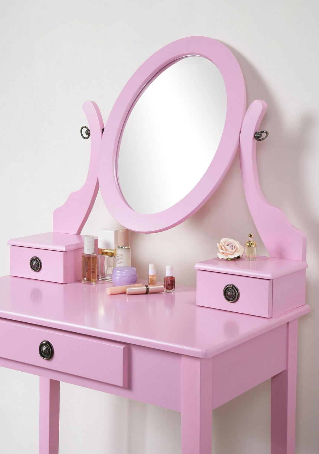 Roundhill Furniture Moniya Wood Vanity Table and Stool Set， Pink