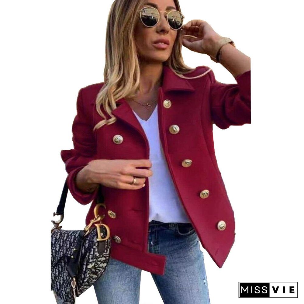 Fashion Winter Jacket Women Slim Long-sleeved Double-breasted Suit Collar Woolen Coat Tweed Jacket