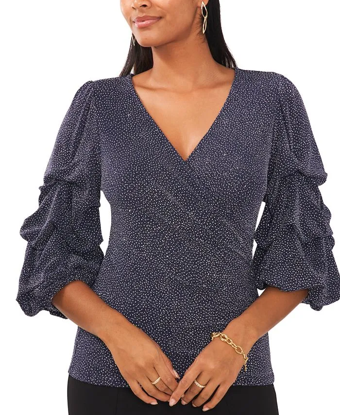 Petite Glitter-Knit Tiered-Sleeve Surplice Top