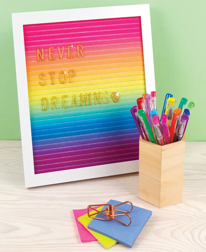 Three Cheers For Girls 3C4G Rainbow Felt Letterboard - 10 X 10 Changeable Message Board  With Hanging Hook Stand  Make It Real  Tweens Girls  300 Gold-Tone Glittery Letters Emojis  Room Decor