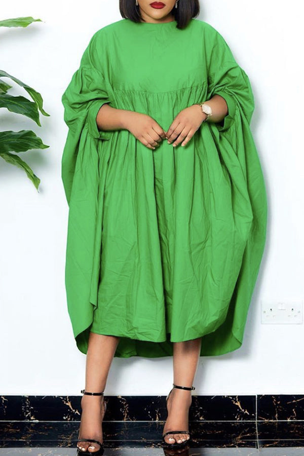 Casual Loose Solid Color Ruffle Plus Size Midi Bat Dress