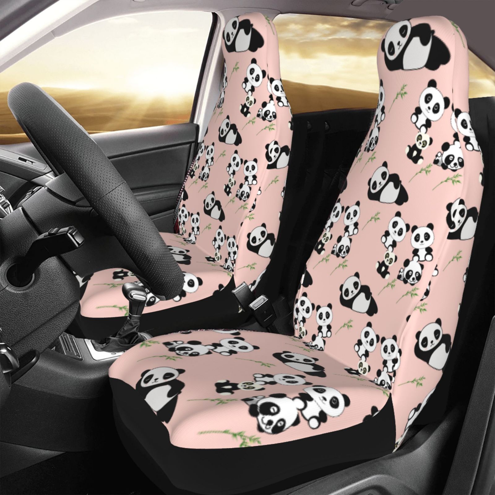 TEQUAN Front Seat Covers， Funny Pandas Pink Pattern 2 Piece Car Seat Cover Fit Most Car SUV Truck Van