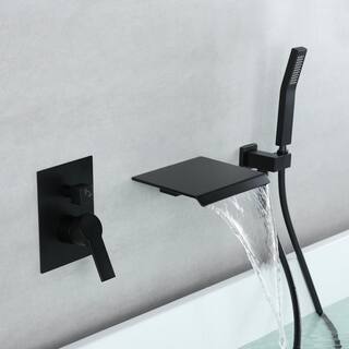 WELLFOR Single-Handle Waterfall Spout Tub Wall Mount Roman Tub Faucet with Hand Shower in Matte Black SPA-88021B