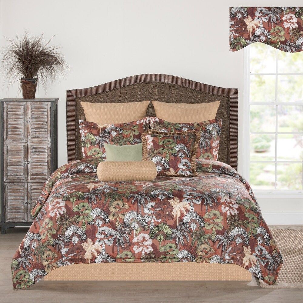 La Palma green palm leaves on a terracotta ground quilt set