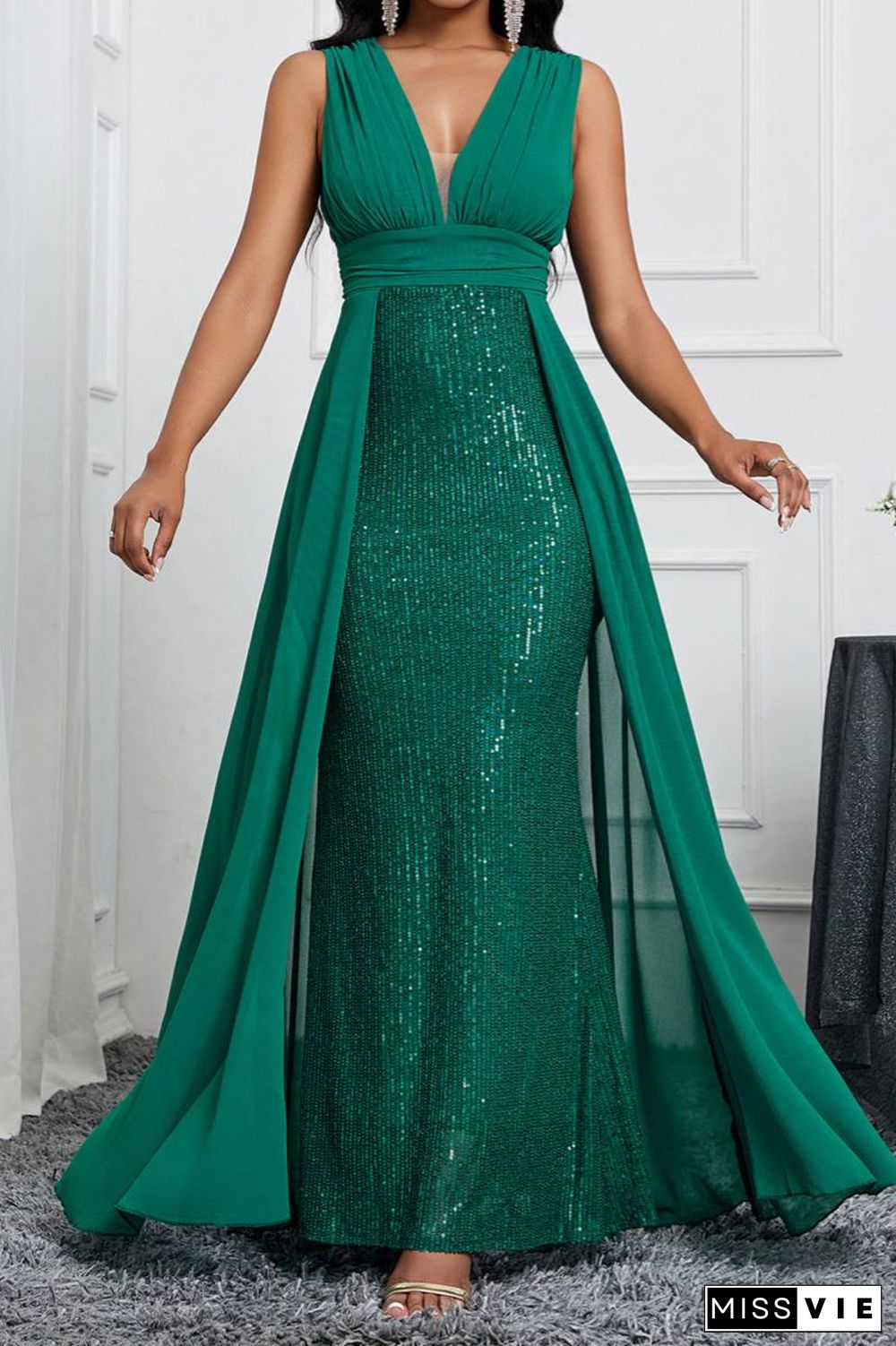 Sexy Formal Patchwork Sequins V Neck Long Dresses