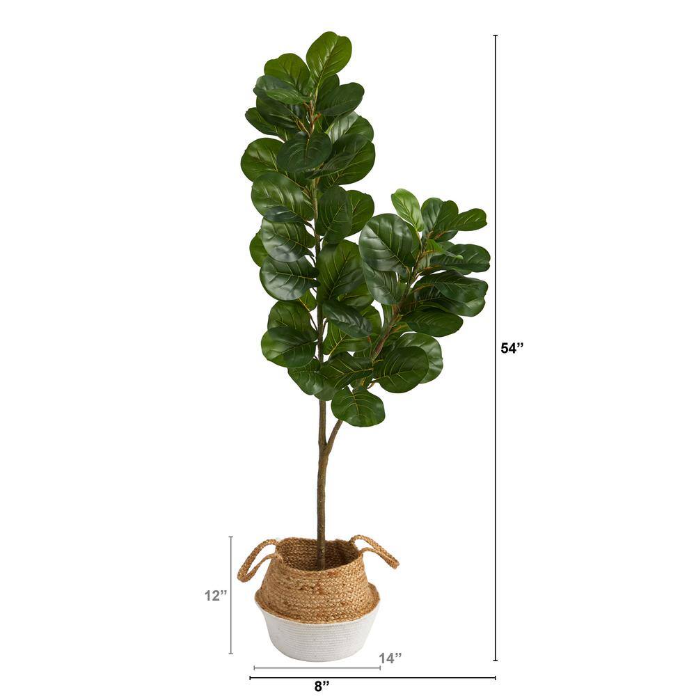 Nearly Natural 4.5 ft. Green Fiddle Leaf Fig Artificial Tree with Boho Chic Handmade Cotton and Jute White Woven Planter T2914