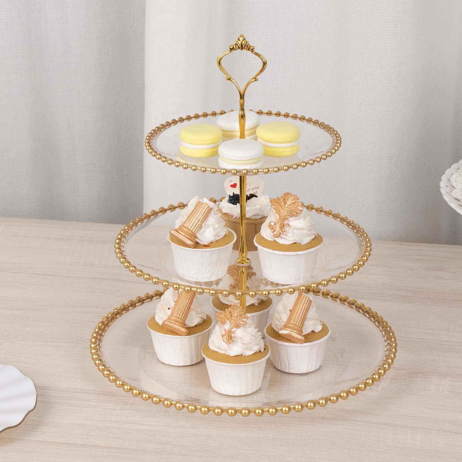 Clear 3-Tier Round Plastic Cupcake Tower Stand with Gold Beaded Rim, Dessert Display Tea Party Serving Platter With Top Handle - 14