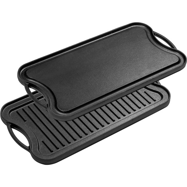 Bruntmor 20x10 2 in 1 Cast Iron Skillet Rectangle Roasting Pan With Reversible Griddle Black