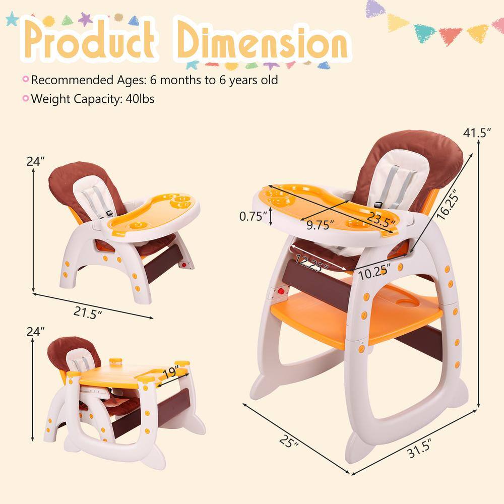 Nyeekoy 3-in-1 Convertible Toddler High Chair Table Baby Booster Seat with Feeding Tray Yellow TH17L0218