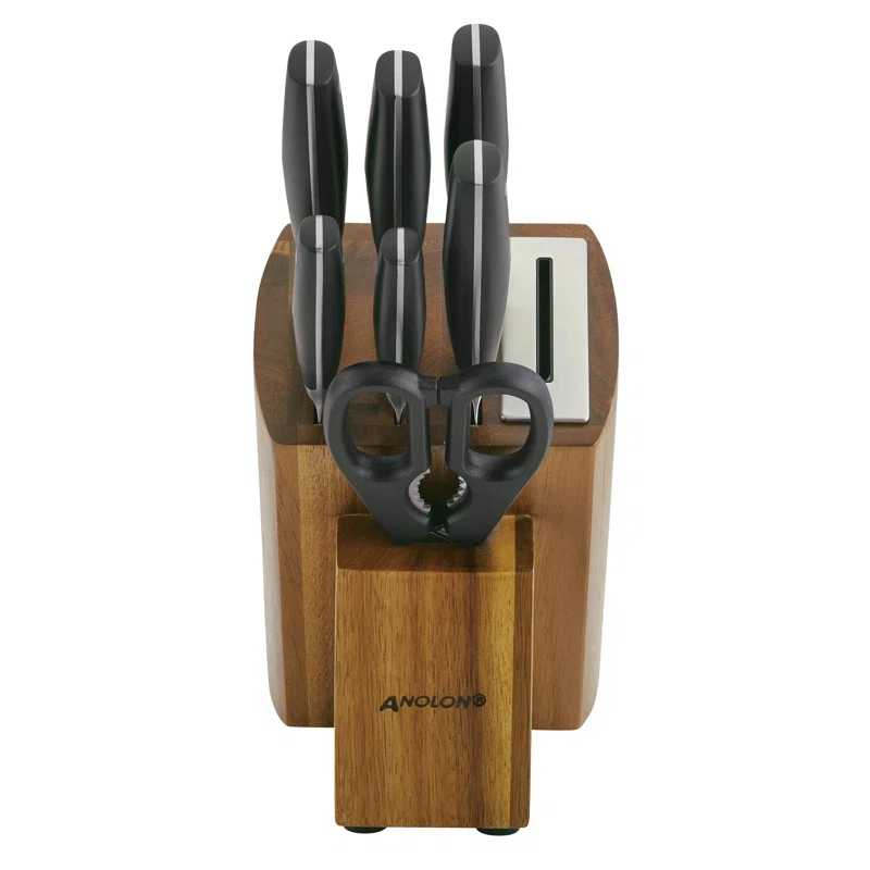 Anolon 47995 AlwaysSharp Japanese Steel Knife Block Set with Built-In Sharpener， 8 Piece