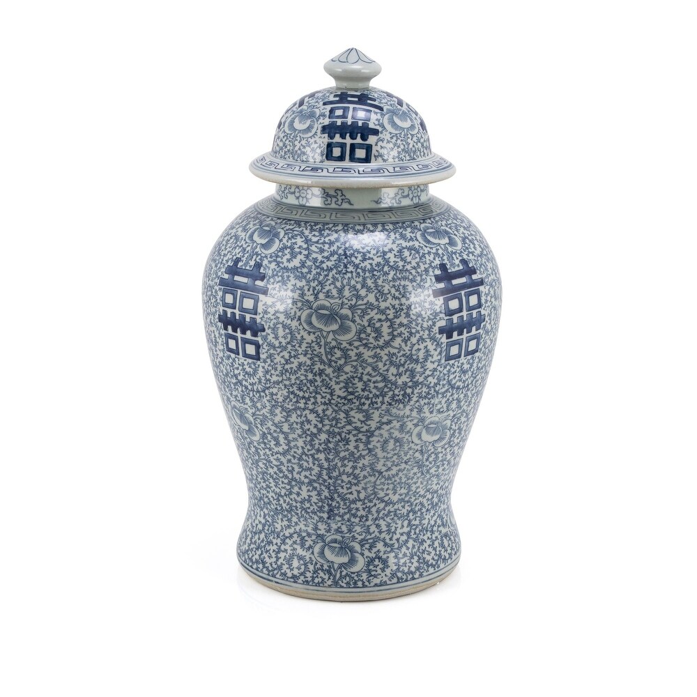 Blue And White Porcelain Double Happiness Floral Temple Jar