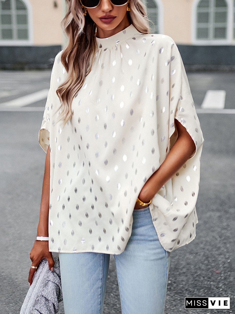 Loose Bandage Polka Dot Round-Neck Blouses&Shirts Tops