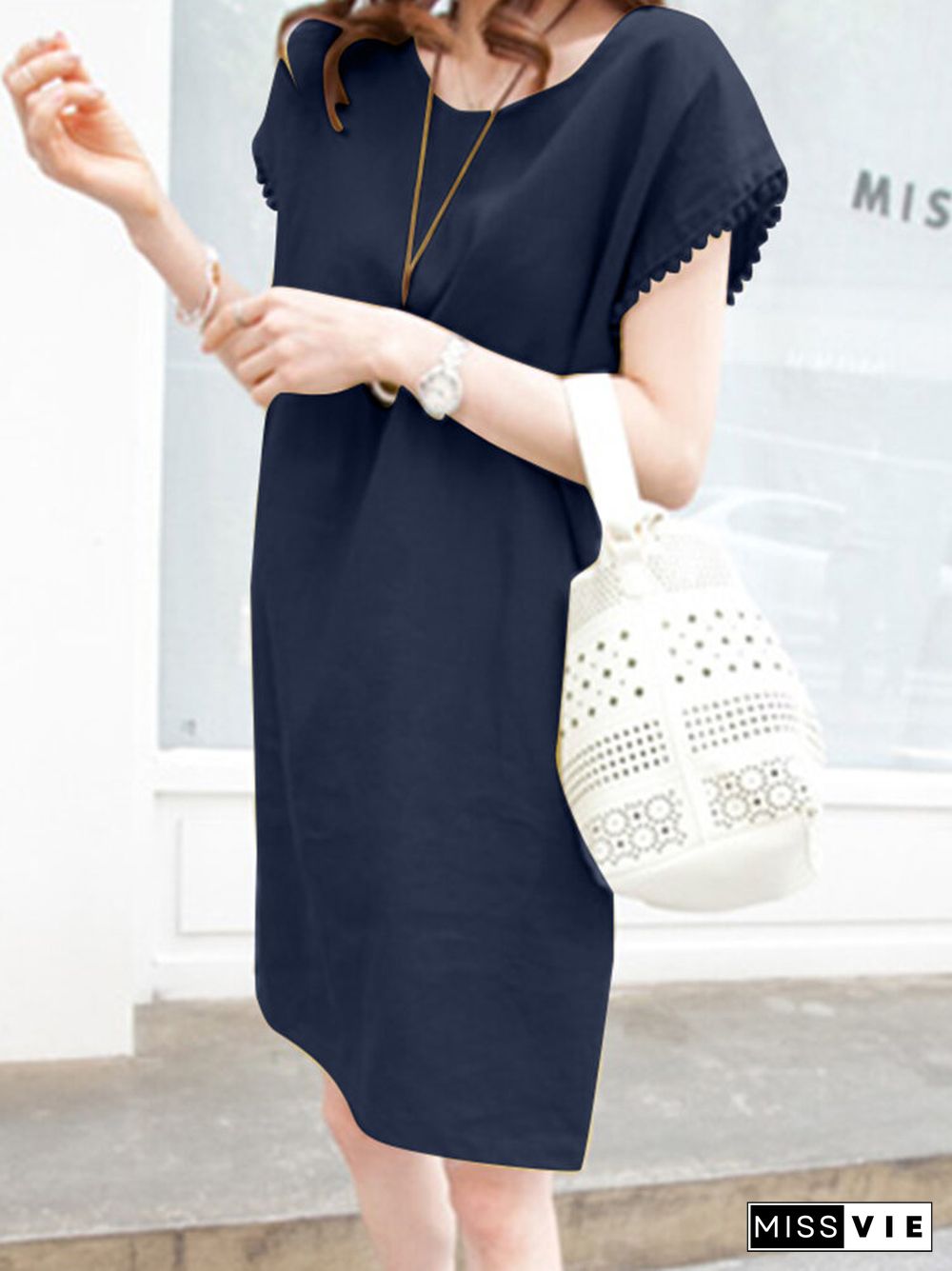 Solid Crew Neck Short Sleeve Loose Dress For Women