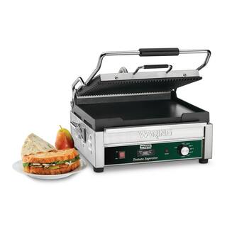 Waring Commercial Dual Panini Grill Ribbed Top Plate Flat Bottom Plate with Timer Silver 120-Volt 14.5 in. x 11 in. Cooking Surface WDG250T