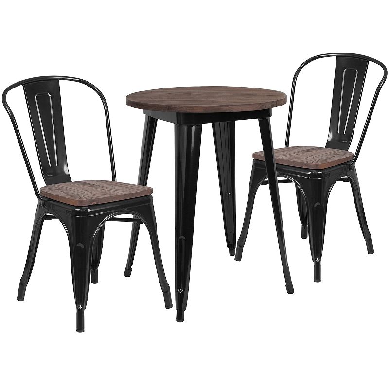 Emma and Oliver 24 Round Silver Metal/Wood Table Set - 2 Stack Chairs