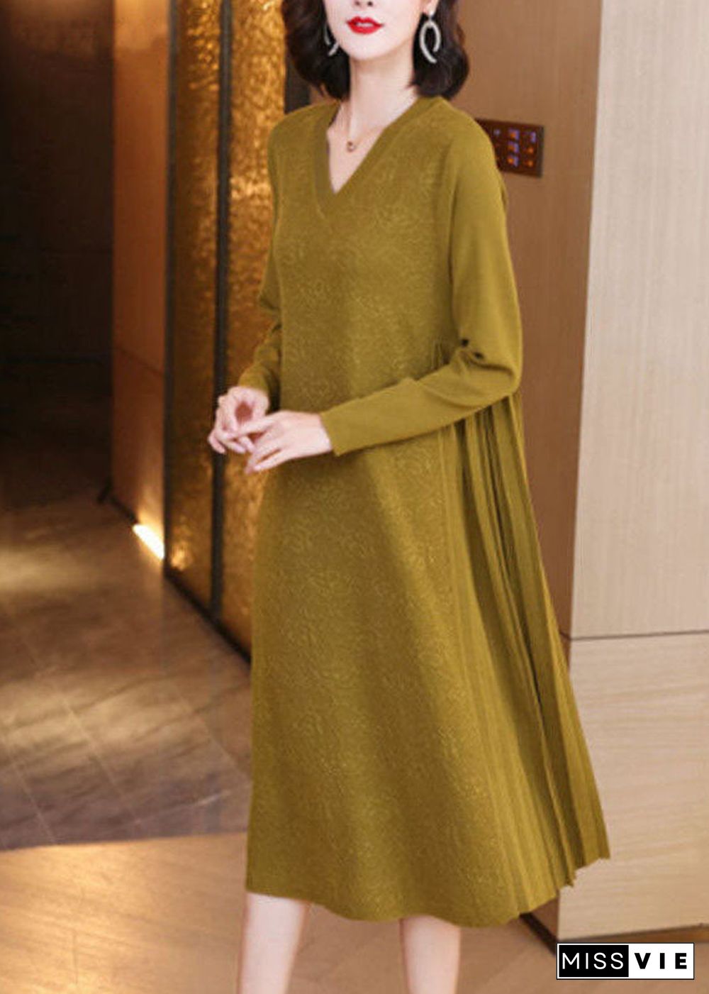 Loose Yellow V Neck Patchwork Wrinkled Jacquard Knit Maxi Dresses Spring