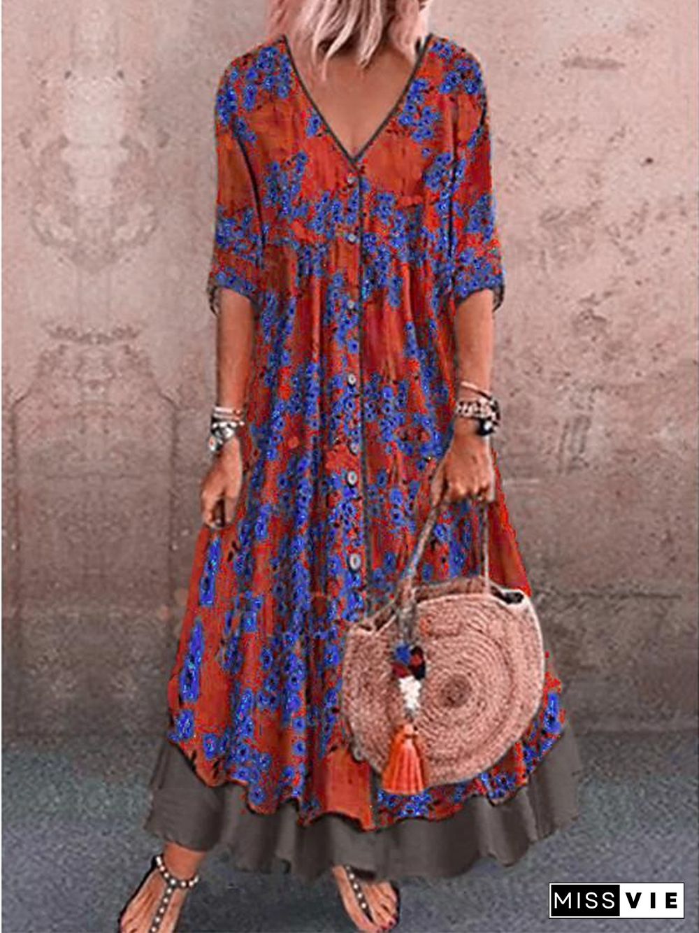 Women's A-Line Dress Maxi long Dress - Half Sleeve Floral Layered Button Print Spring & Summer Deep V Hot Casual Holiday vacation dresses Loose  Red Green Gray M L XL XXL 3XL