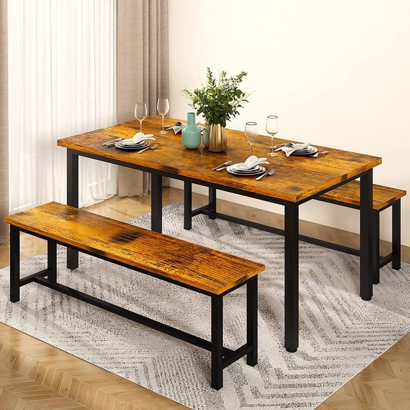 Industrial 3 Piece Dining Table Set  Retro Wood Kitchen Table Set with 2 Benches for Home Kitchen  Dining Room  Restaurant