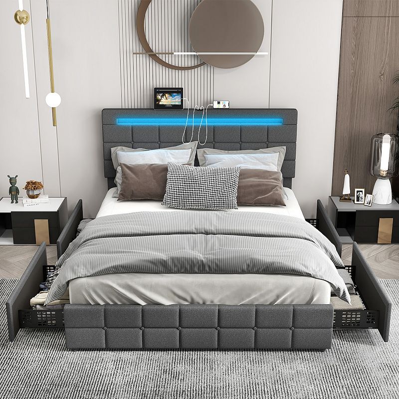 🔥(Last Day Sale 70% OFF) 💥CLEARANCE SALE💥Upholstered Queen Led Bed Frame With Headboard And 4 Drawers