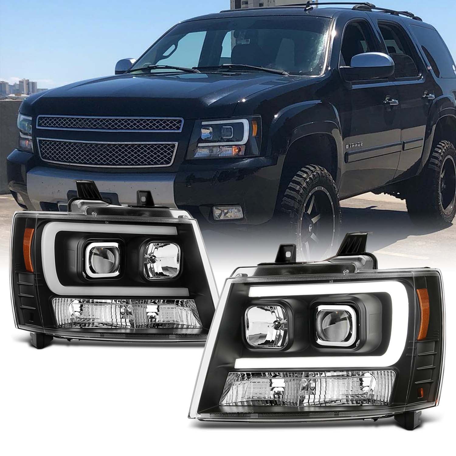 Fits 07-14 Chevy Suburban | Tahoe | Avalanche Black LED DRL Projector HeadLights