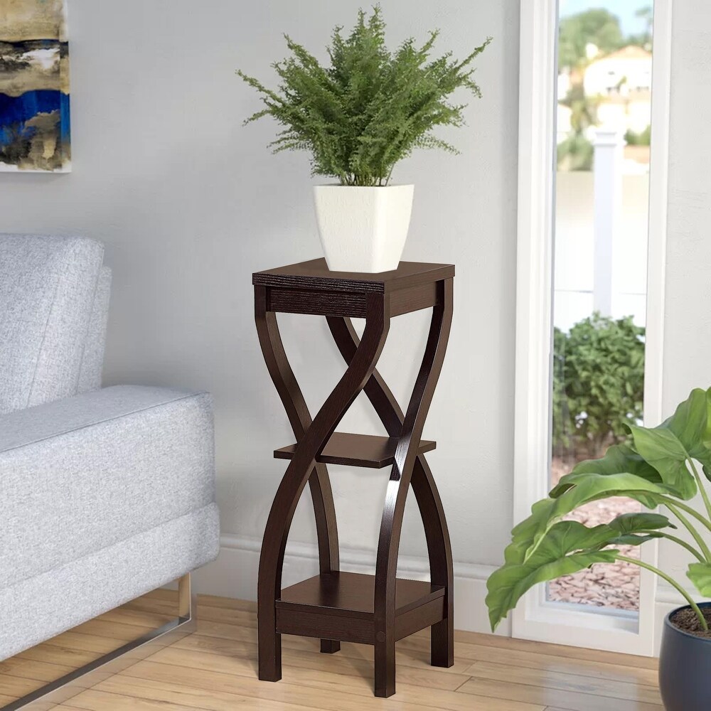 Square Top Wooden Plant Stand with Curved Legs and Shelves  Large  Dark Brown