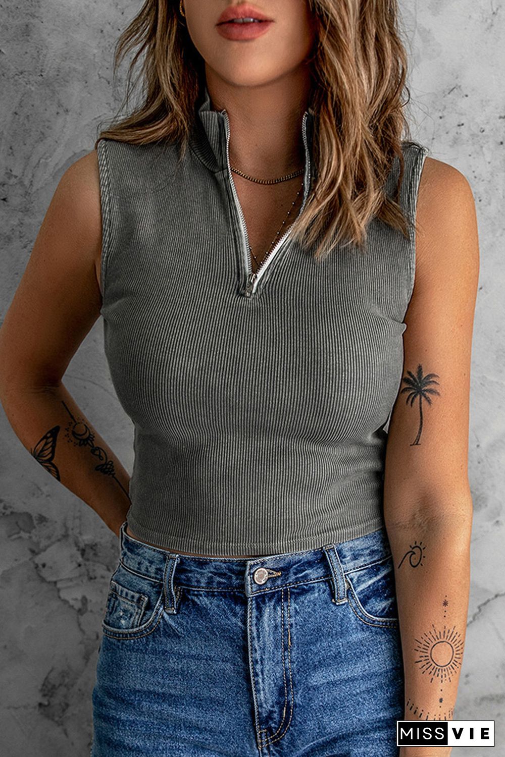 Gray Zip-up Ribbed Cropped Tank Top