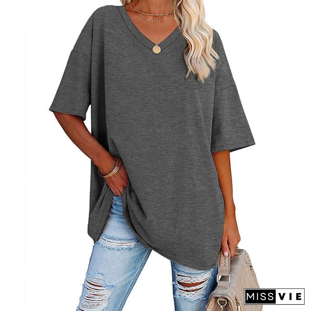 XS-8XL Spring Summer Tops Plus Size Fashion Clothes Women's Casual Short Sleeve Tee Shirts Ladies O-neck Blouses Solid Color Oversized Pullover Tops Half Sleeve Loose T-shirt Beach Wear Cotton T-shirt