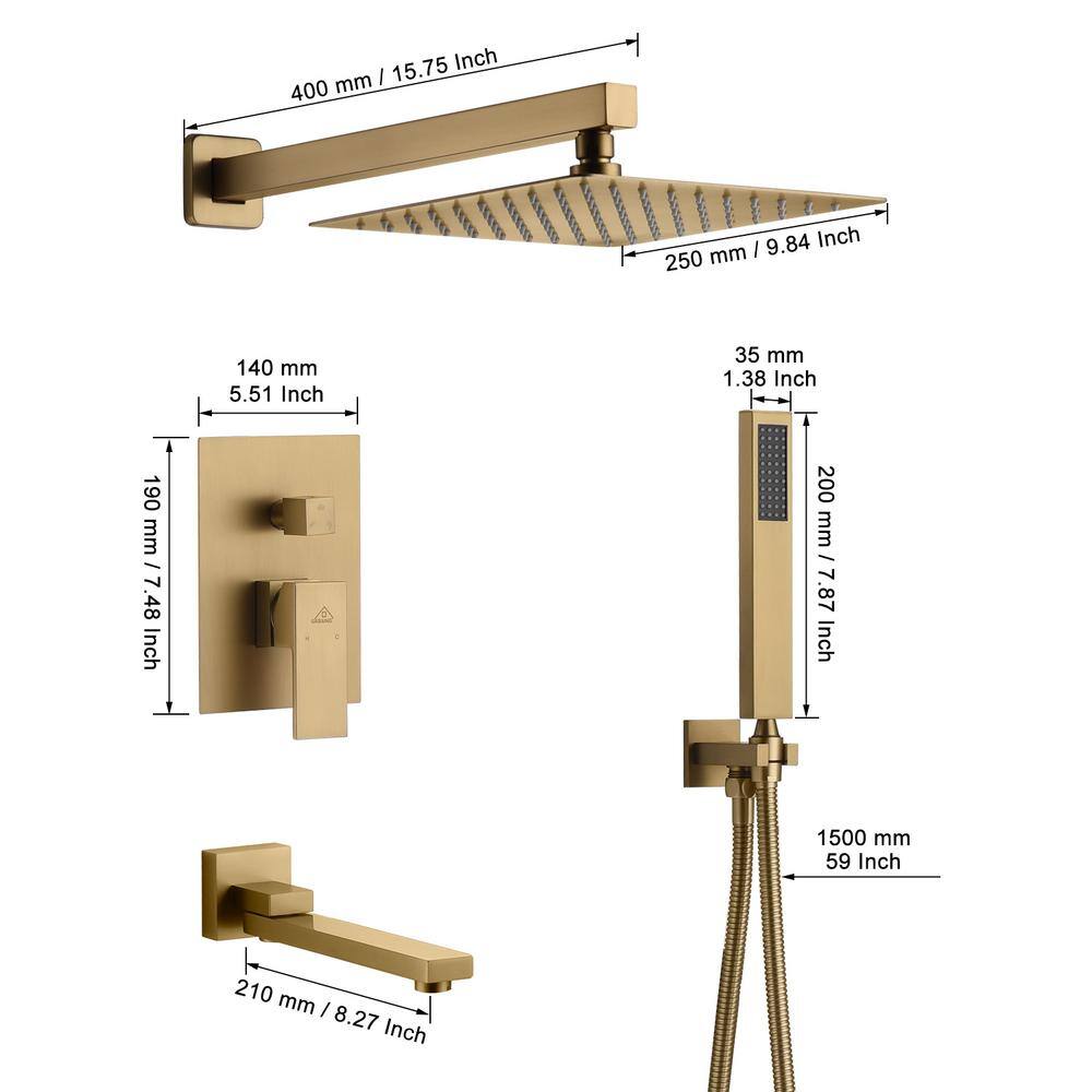 CASAINC 1-Spray Patterns 3-Function 10 in. Wall Mounted Dual Shower Heads with Handheld and Tub Faucet in Brushed Gold M6201-A-10-BG